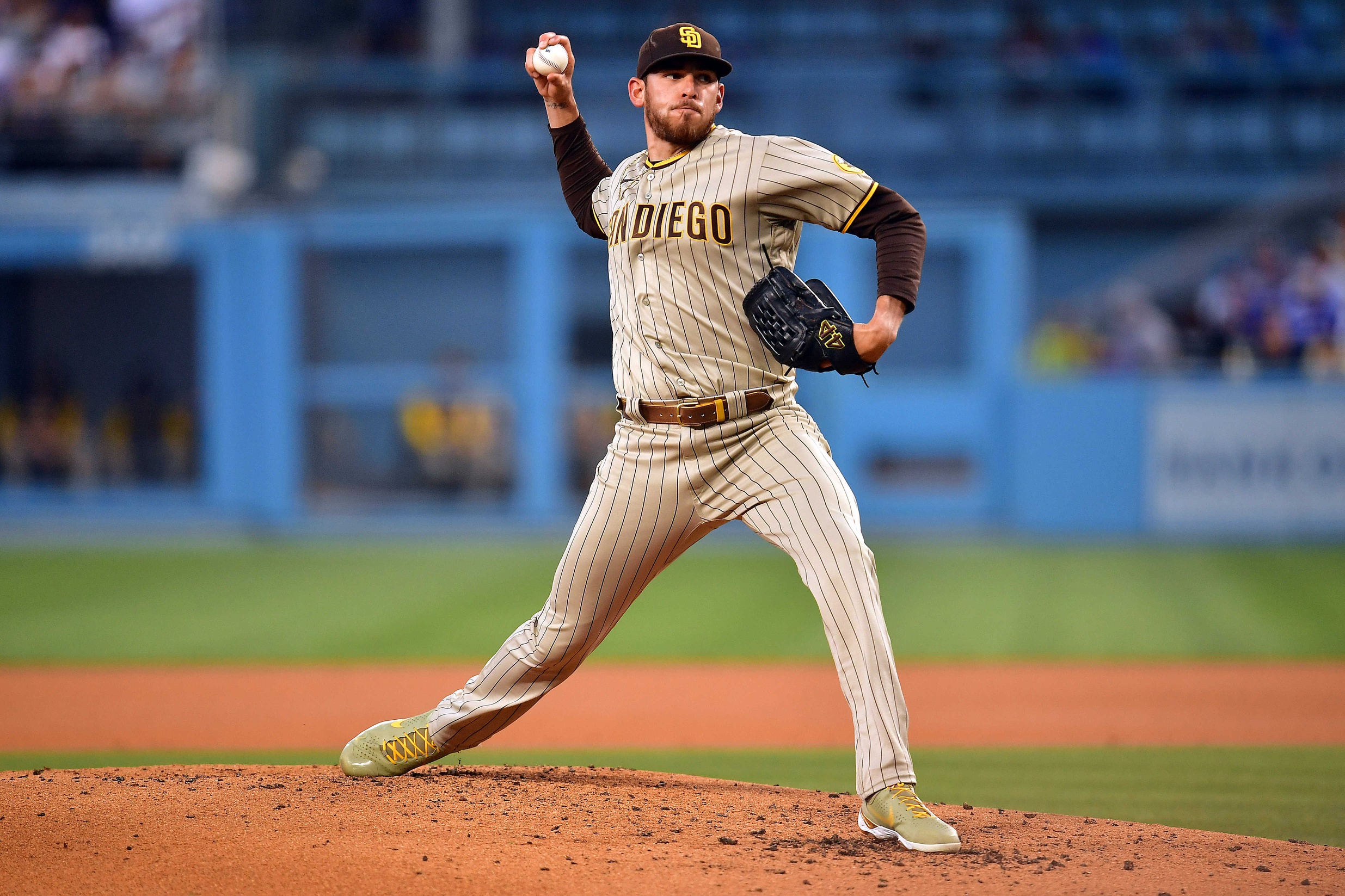 Jun 30, 2022; Los Angeles, California, USA; San Diego Padres starting pitcher Joe Musgrove (44) throws against the Los Angeles Dodgers during the third inning at Dodger Stadium. Mandatory Credit: Gary A. Vasquez-USA TODAY Sports